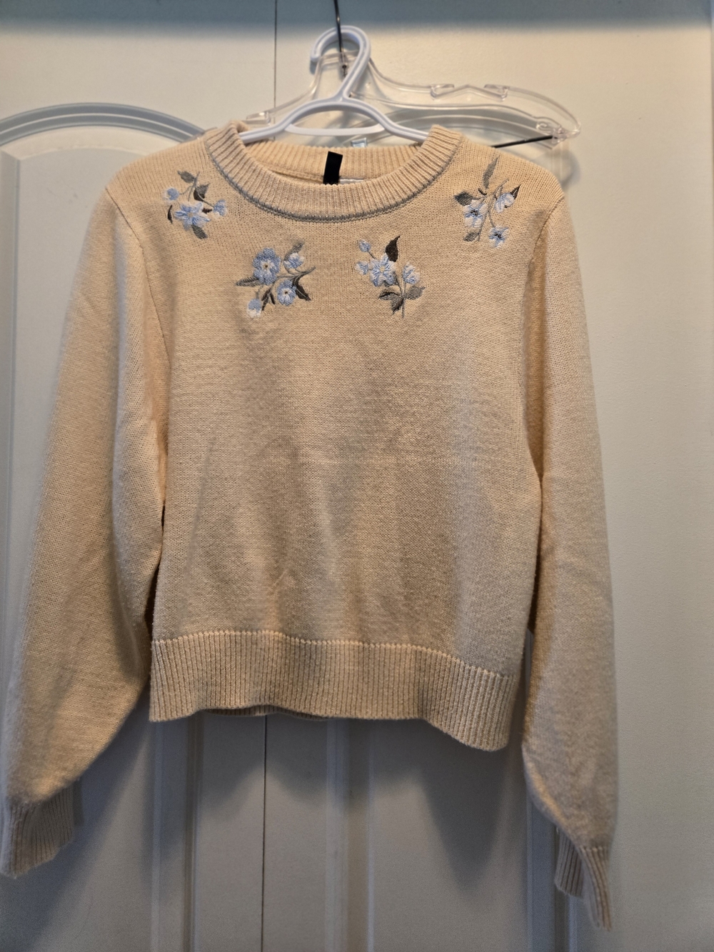 Divided Cream Crewneck Sweater with Blue Floral Embroidery